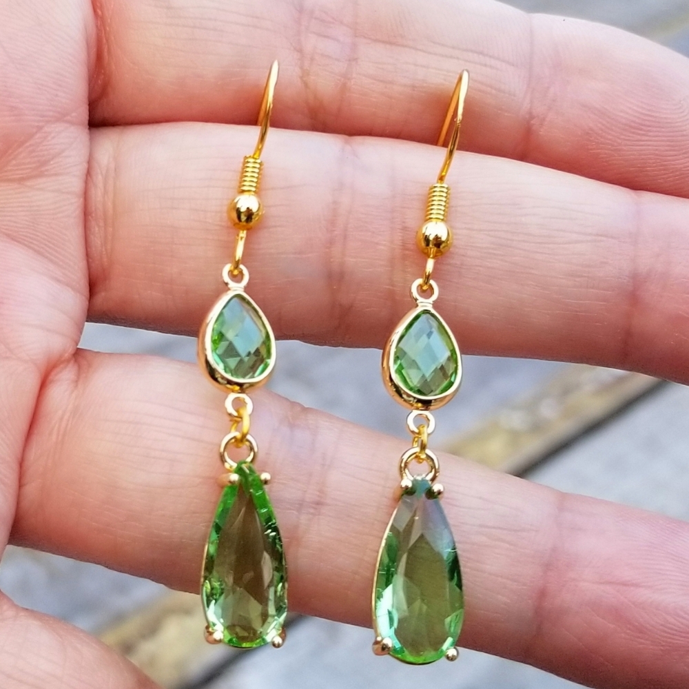 14k Gold Double Teardrop Peridot Dangle Earrings, Peridot Earrings